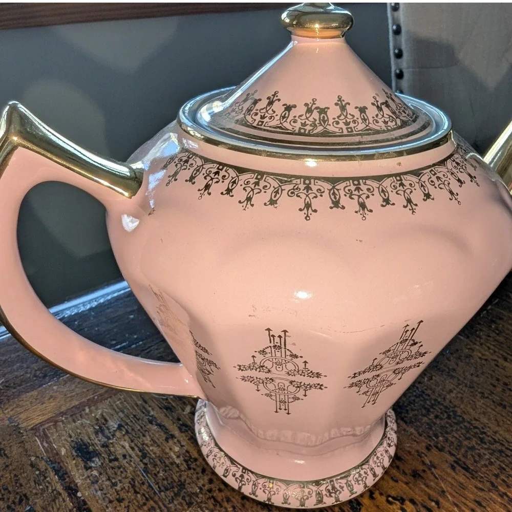 Antique Hall China Pink Gold Radiance Albany Teapot 6 Cup Excellent Condition - Picture 2 of 7